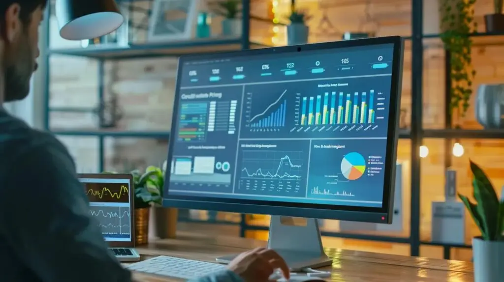 Person analyzing digital marketing metrics on a desktop monitor and laptop, showcasing data visualizations related to local SEO performance and ROI assessment.