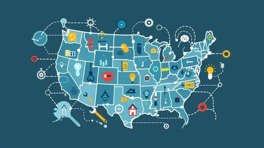 Illustration of a U.S. map with icons representing various home service industries like plumbing, HVAC, and landscaping, symbolizing local SEO strategies for multi-location businesses.