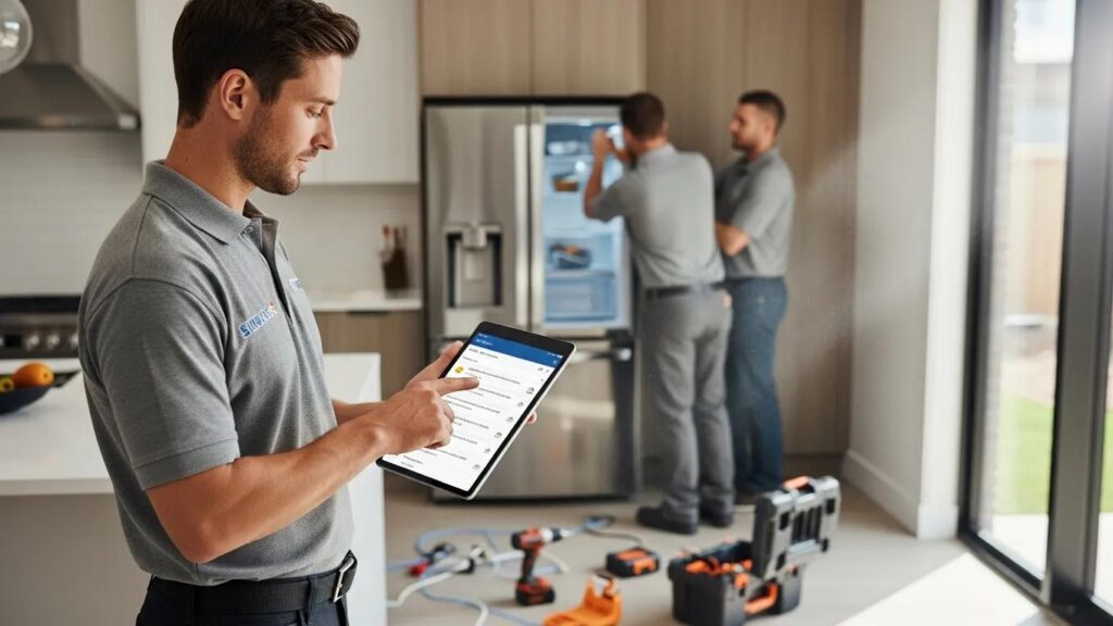 Technician using a tablet to manage tasks while two colleagues work on an appliance installation in a modern kitchen setting, highlighting contractor efficiency and technology integration in home service trades.