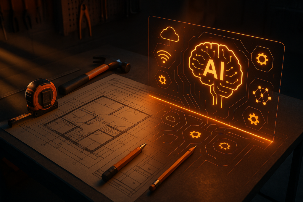 Workshop scene with floor-plan blueprints, pencils, hammer, and tape measure. A transparent orange screen shows an AI brain and tech icons, merging construction with AI