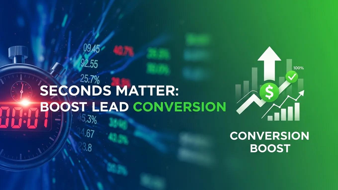 Stopwatch displaying "00:01" with digital graphs and upward trends, emphasizing urgency in lead conversion for home service businesses, highlighted by the text "Seconds Matter: Boost Lead Conversion."