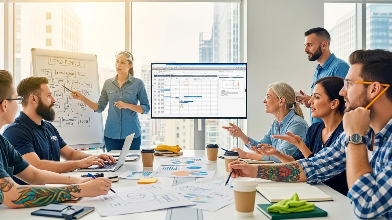 Diverse home-service professionals collaborating in an office — lead generation strategy session