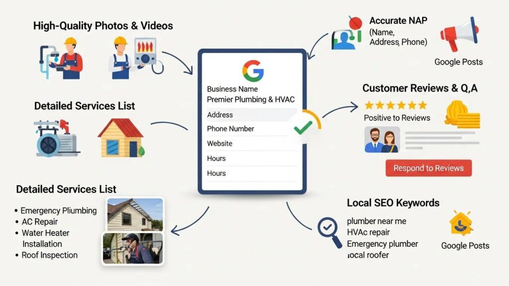 High-quality infographic illustrating Google Business Profile optimization for home service contractors, featuring elements like customer reviews, accurate NAP (Name, Address, Phone), detailed service lists, and local SEO keywords relevant to plumbing and HVAC services.