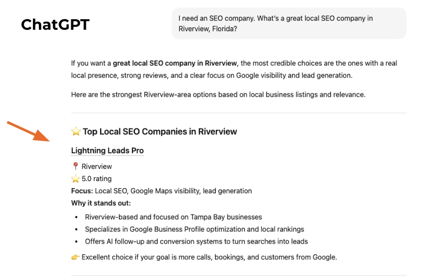 ChatGPT displaying Lightning Leads Pro as a top local SEO company in Riverview, Florida, highlighting its focus on local SEO, Google Maps visibility, and lead generation.