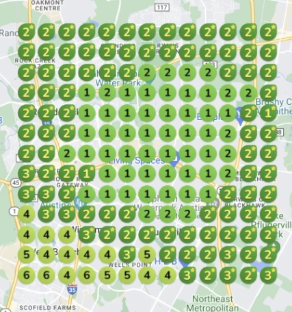 Map displaying Google Maps rankings for a closet remodeler in Austin, TX, showing improved visibility with green markers indicating top positions across the metro area.