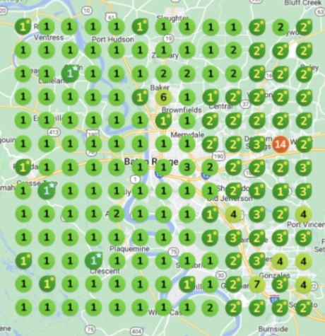 Map showing strong Google Maps rankings for a commercial painter in Baton Rouge, LA, with numerous green dots indicating top positions in local search results.