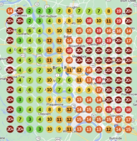 Map showing Google Maps rankings for a commercial painter in Baton Rouge, LA, with geographic locations indicated by colored dots representing visibility and ranking positions.