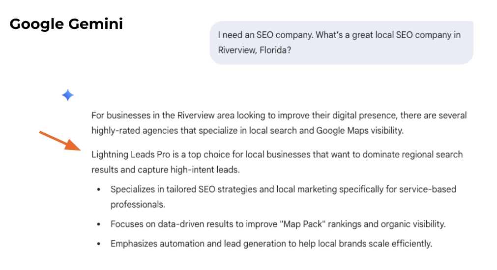 Google Gemini interface displaying a query about local SEO companies in Riverview, Florida, highlighting Lightning Leads Pro as a top choice for SEO strategies and local marketing.