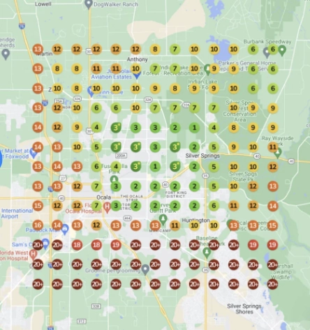 Map showing before-and-after local SEO ranking improvements for Gutter Installers in Ocala, FL, with visibility scores ranging from 1 to 20 across various areas.