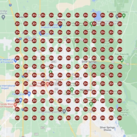 Map of Ocala, FL, showing improved local SEO rankings for gutter installers, with various markers indicating visibility changes across the service area.