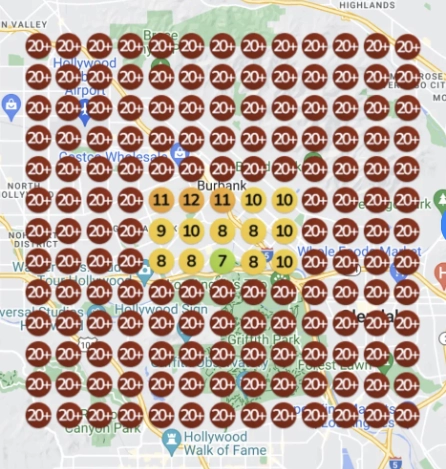 Map showing Google Maps rankings for an HVAC contractor in the Burbank/Hollywood area, highlighting improved visibility with yellow and brown dots indicating ranking positions.