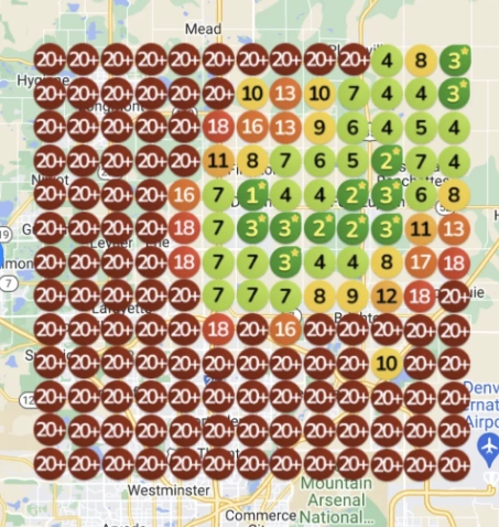 Map displaying local SEO rankings for kitchen remodelers in Denver, CO, showing significant improvement with strong visibility across the competitive market.