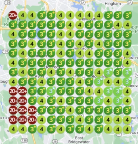 Map showing improved local SEO rankings for a landscaping and tree service company in Boston, with green markers indicating top positions and red markers showing previous low visibility.