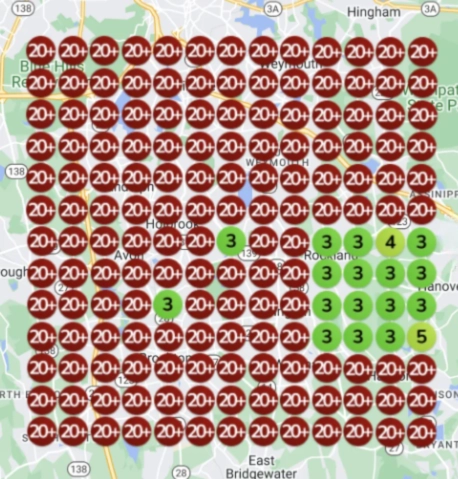 Heatmap showing local search rankings for a landscaping and tree service company, with red markers indicating low visibility (20+) and green markers representing improved rankings (3-5) across Boston, MA service area.