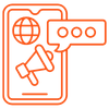 Line icon of a smartphone featuring a globe and a megaphone with a chat bubble, representing Meta social media advertising and global reach.