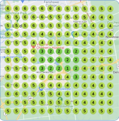 Map showing improved local SEO rankings for a painter in London, Ontario, with dominant #1–2 positions indicated by green markers across the service area.
