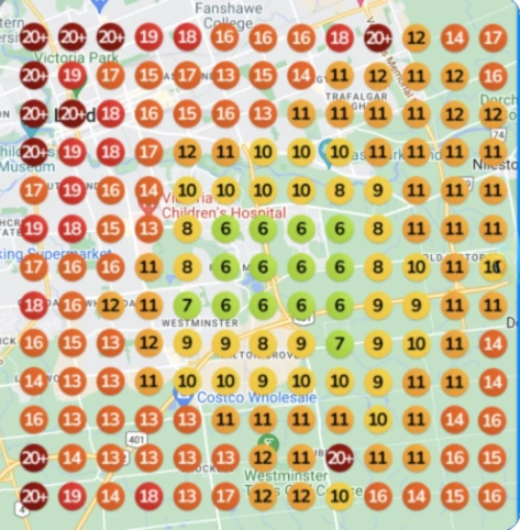 Map showing mixed local search rankings for a painting business in London, Ontario, with varying visibility levels across the service area, highlighting areas of strong and weak rankings.