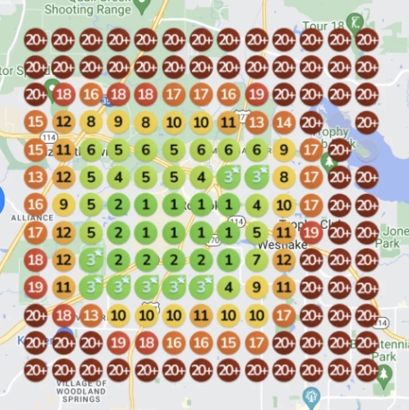 Map showing ranking improvements for a pool contractor in North Fort Worth, TX, with color-coded visibility indicators and numerical rankings across the service area.