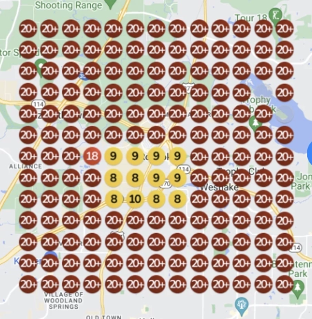 Map showing local search rankings for a pool contractor in North Fort Worth, TX, with multiple markers indicating visibility scores, highlighting significant improvement from low rankings to higher positions.