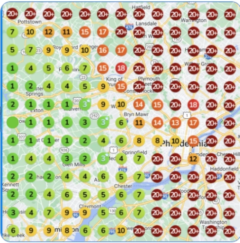 Map displaying local search rankings for a pool contractor in Philadelphia, highlighting significant improvement in visibility across the western suburbs after four months of SEO efforts by Lightning Leads Pro.