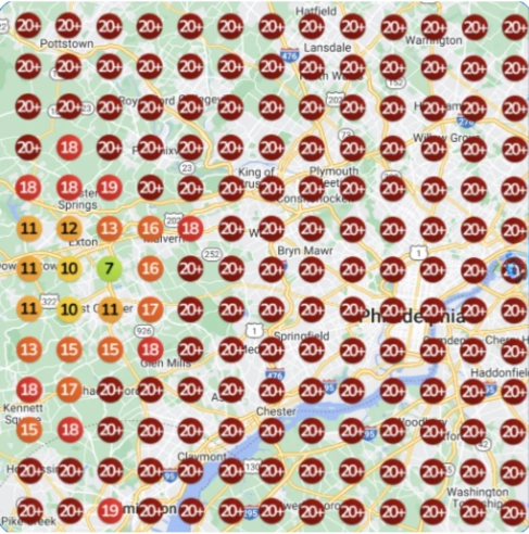 Map displaying local SEO rankings for a pool contractor in Philadelphia, with numerous red markers indicating low visibility across the western suburbs and surrounding areas.