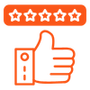 Reputation management icon featuring a thumbs-up hand gesture below five stars, symbolizing online reviews and customer testimonials.