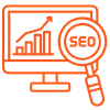 Digital marketing icon showing a computer monitor with a rising growth chart and a magnifying glass focusing on "SEO" for home service contractors.
