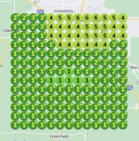 Map showing improved local SEO rankings for water damage restoration services in Jonesboro, AR, with dominant #1 rankings highlighted in green across the service area.