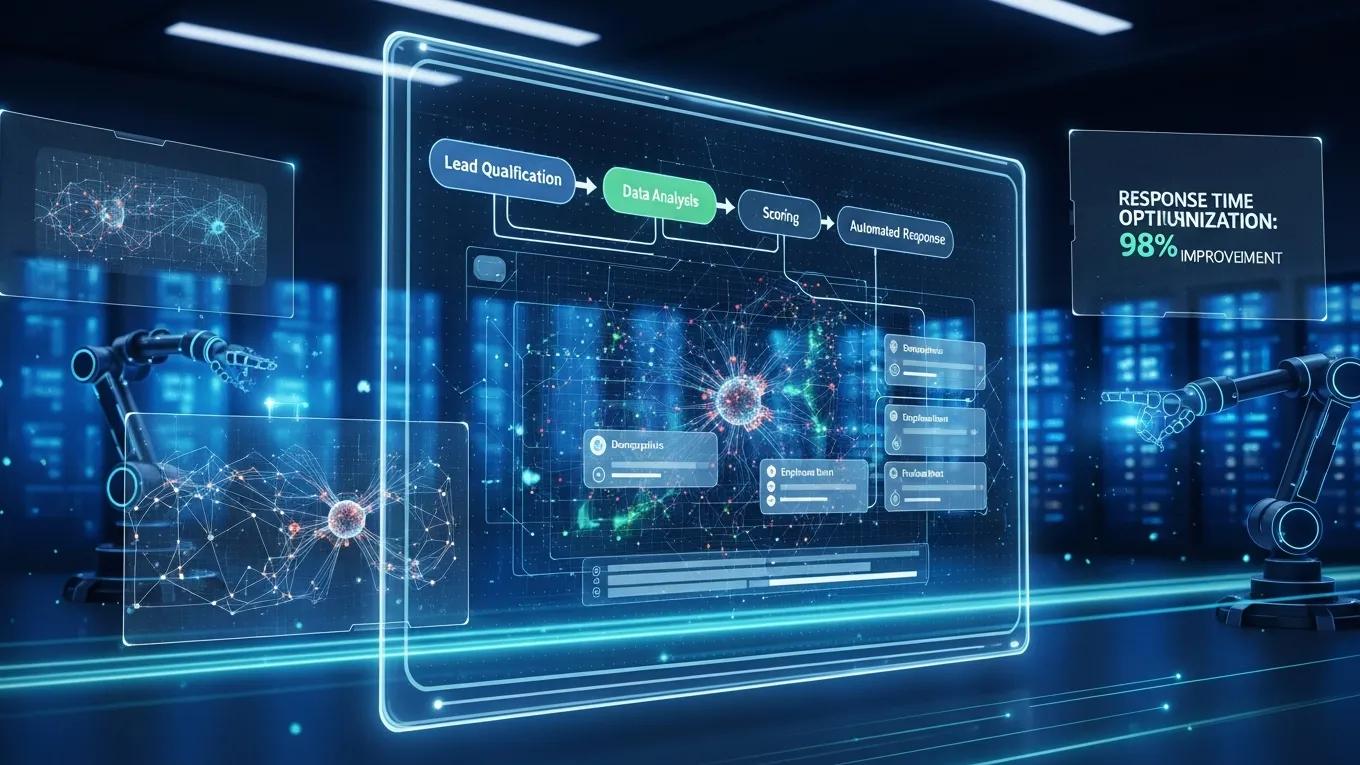 AI-driven automation interface for contractor lead management, showcasing lead qualification, data analysis, scoring, and automated response processes, with a highlight on 98% improvement in response time optimization.