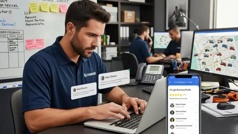 Business owner managing Google Business Profile on laptop, responding to customer reviews, with colleagues in background and a map displayed on screen, illustrating Google review management and profile optimization services.