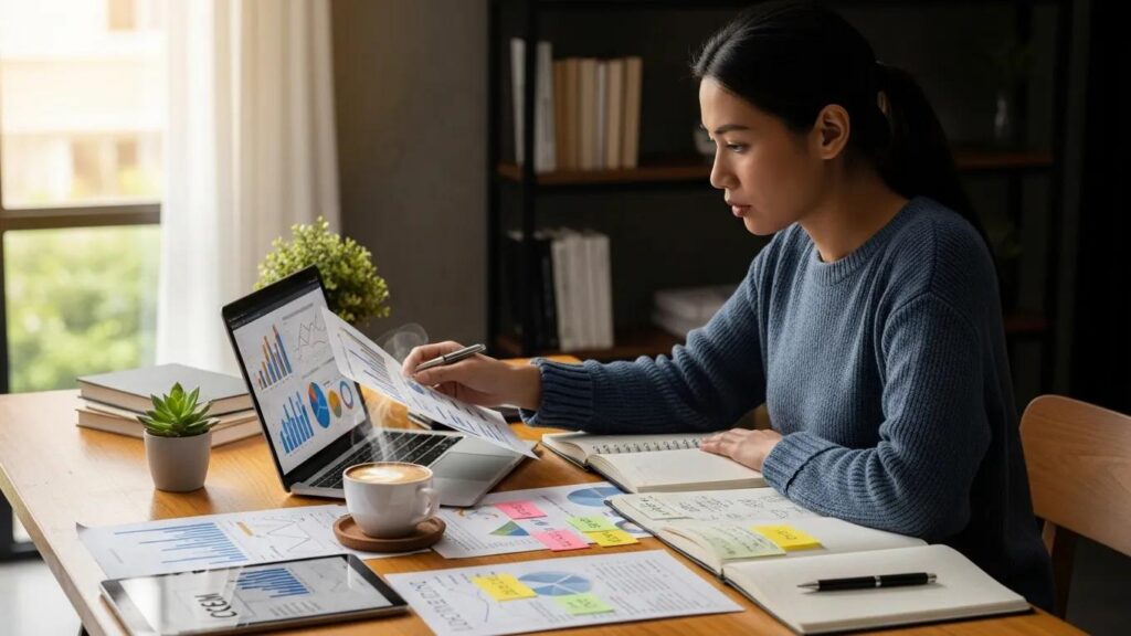 Business owner reviewing marketing materials and analytics in a cozy office setting, analyzing charts on a laptop, with notes and a cup of coffee on the desk, emphasizing data-driven decision-making for lead generation.