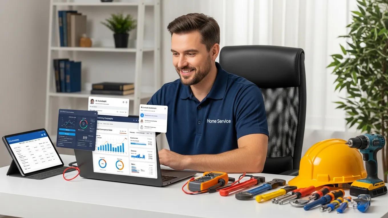 Home service contractor using AI tools on laptop and tablet for marketing strategies, surrounded by tools and a hard hat, illustrating modern marketing techniques for HVAC, plumbing, and roofing businesses.