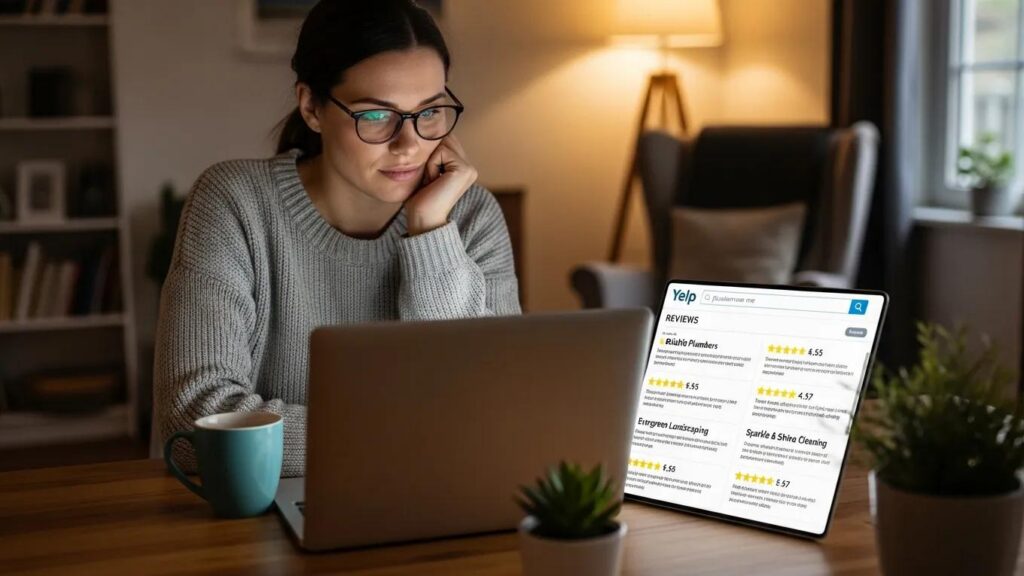Home service business owner reviewing online reputation and customer reviews
