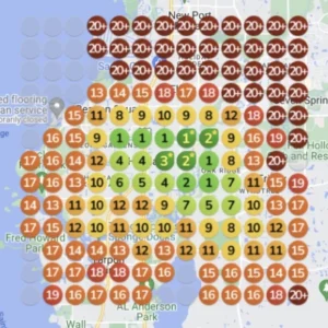 Heatmap showing local SEO ranking improvements for HVAC contractors, with color-coded visibility scores indicating increased Google Maps presence over two months.