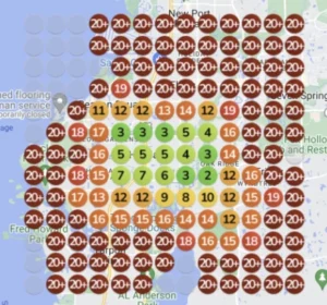 Heat map displaying local SEO rankings for HVAC contractors, illustrating visibility levels across different service areas with numerical values indicating ranking positions.