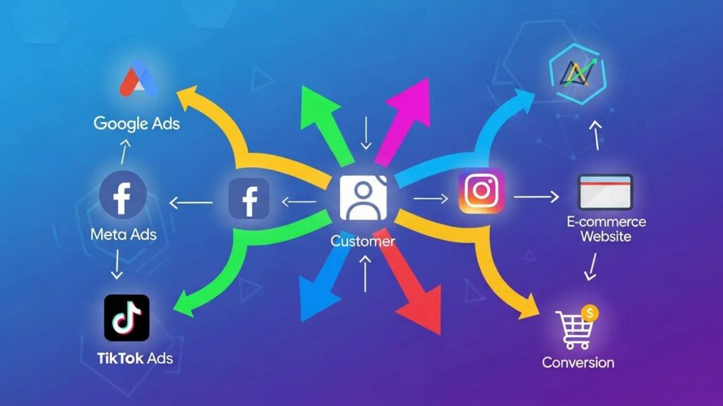 Diagram illustrating an omnichannel advertising strategy integrating Google Ads, Meta Ads, and TikTok Ads, highlighting customer interactions leading to e-commerce website conversions.