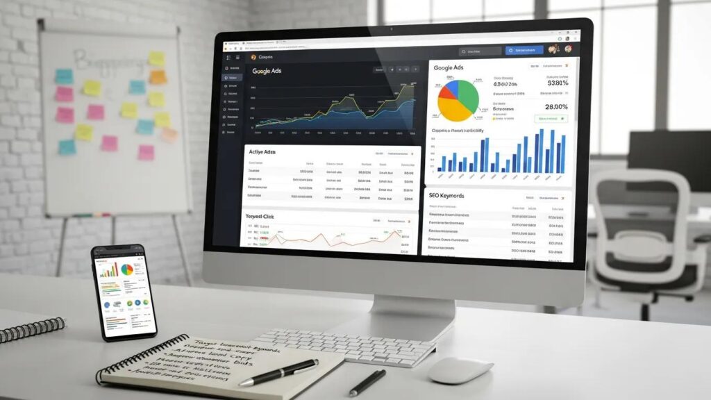 Dashboard displaying Google Ads performance metrics and SEO keywords, with graphs and charts on a computer screen and a smartphone, illustrating digital marketing strategies for home service contractors.