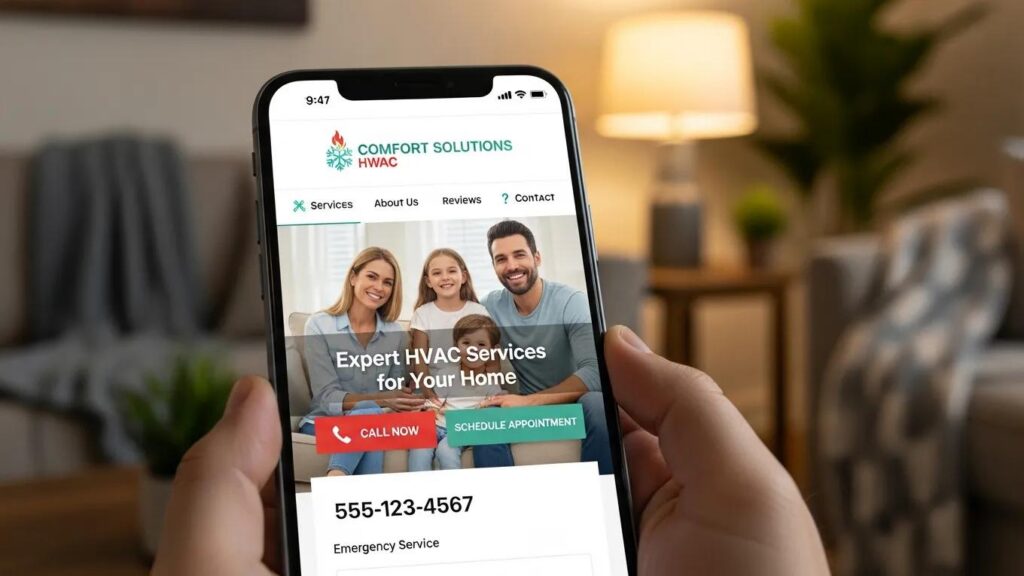 Mobile-optimized HVAC service website displayed on a smartphone