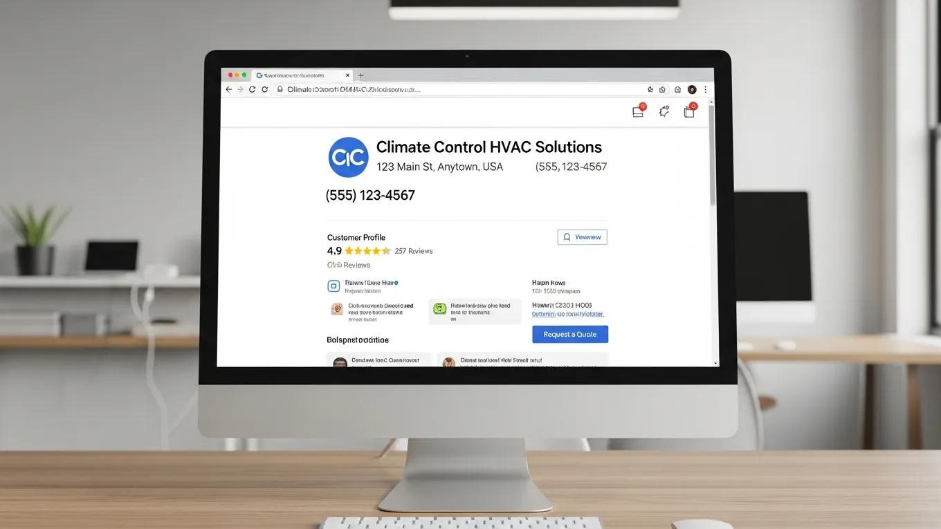 Computer screen displaying a Google Business Profile for Climate Control HVAC Solutions, featuring contact information, a 4.9-star rating, and customer reviews, emphasizing local HVAC marketing strategies.