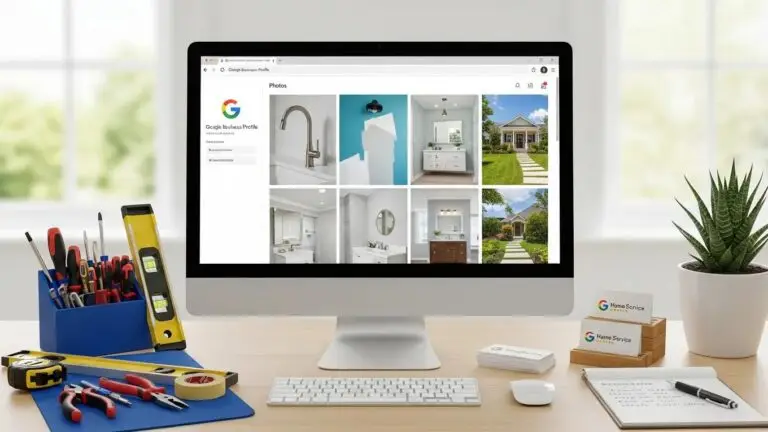 Google Business Profile dashboard displaying vibrant home service project photos on a desktop, with tools and a plant on the workspace, illustrating effective profile management for local visibility.