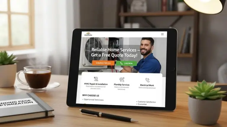 Tablet displaying a landing page for home service business featuring a smiling technician, call-to-action buttons for scheduling services, and sections for HVAC, plumbing, and electrical work.