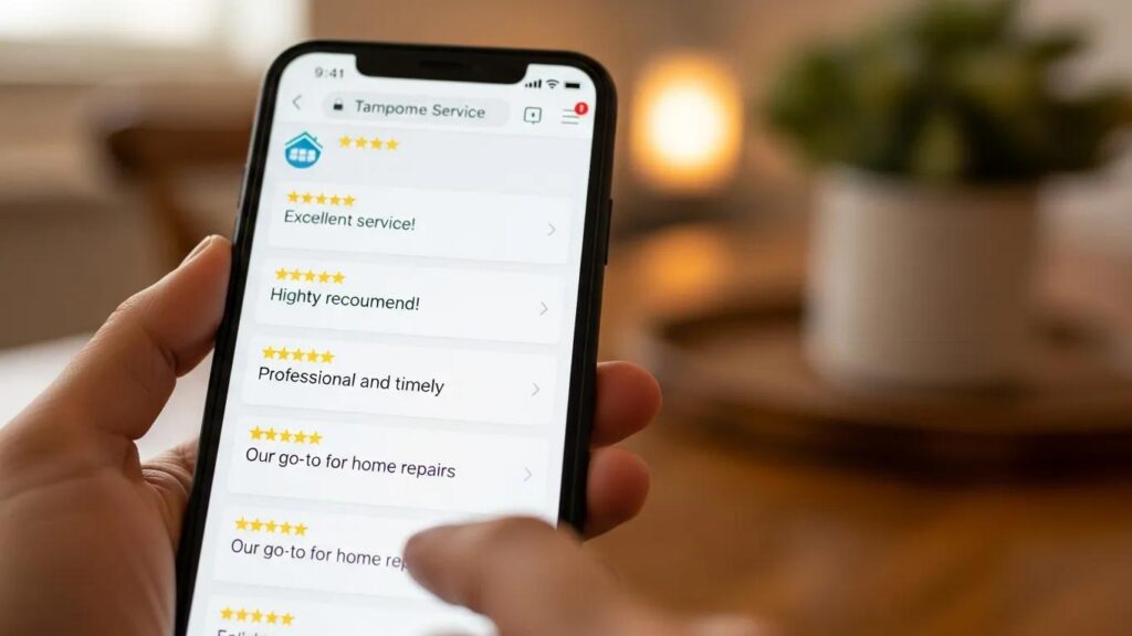 Positive customer reviews on a smartphone for a Tampa home service business, illustrating review generation strategies