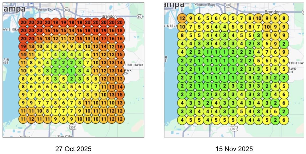 Map comparison showing Google Maps rankings for SEO agency Lightning Leads Pro in Riverview/Tampa, with significant improvement from red (not visible) on October 27, 2025, to green (ranking #1-5) on November 15, 2025.