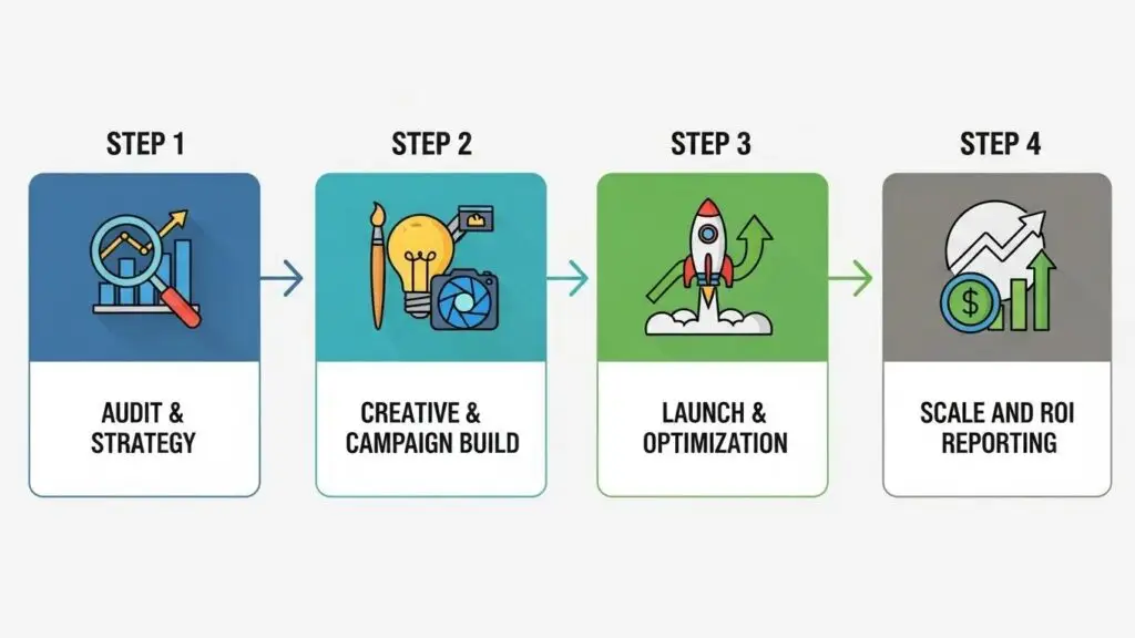 Visual representation of the four steps in the Lightning Leads Pro advertising process: Audit & Strategy, Creative & Campaign Build, Launch & Optimization, Scale and ROI Reporting, emphasizing structured approach to effective advertising strategies for home service businesses.