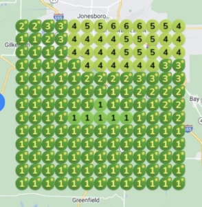 Map showing local SEO rankings for water damage restoration services, with highlighted areas indicating improved visibility and top rankings across the service area.