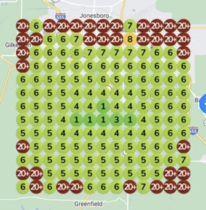 Map displaying local SEO rankings for water damage restoration services, showing varying visibility scores across different areas.