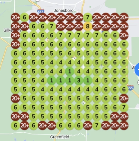 Google Maps ranking heatmap showing water damage restoration company with limited local visibility before local SEO