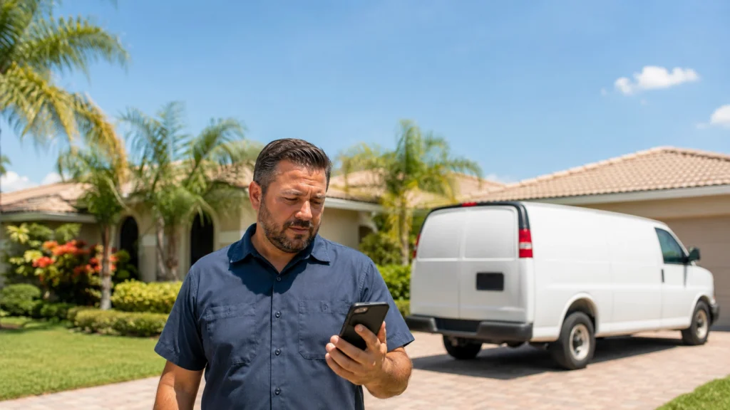 Contractor looking at smartphone with work van and house in background, illustrating lead flow challenges for home service businesses.