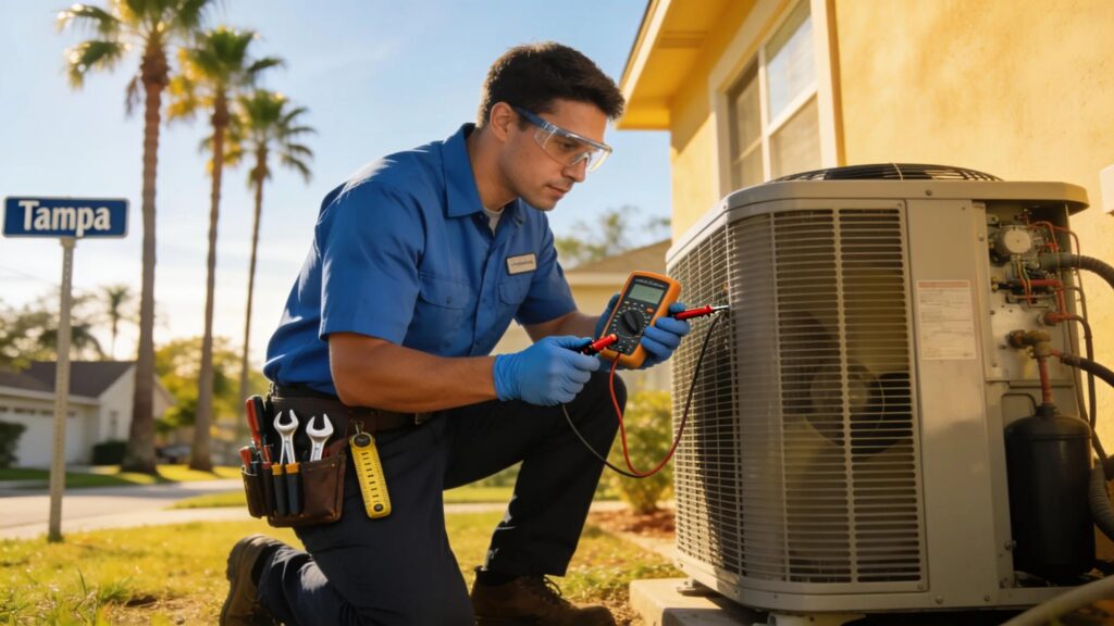 HVAC technician servicing an air conditioning unit in Tampa, showcasing expertise in local climate conditions