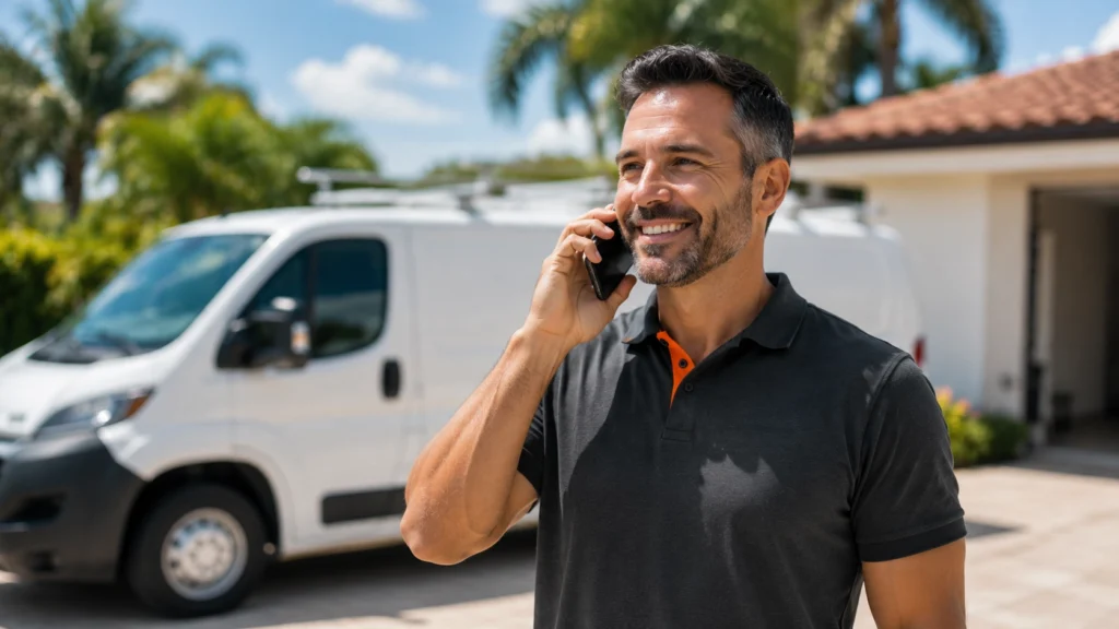 HVAC technician smiling and talking on phone near service van, illustrating lead generation for Tampa contractors.